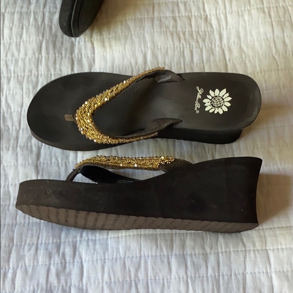 yellow box bronze flip flops
